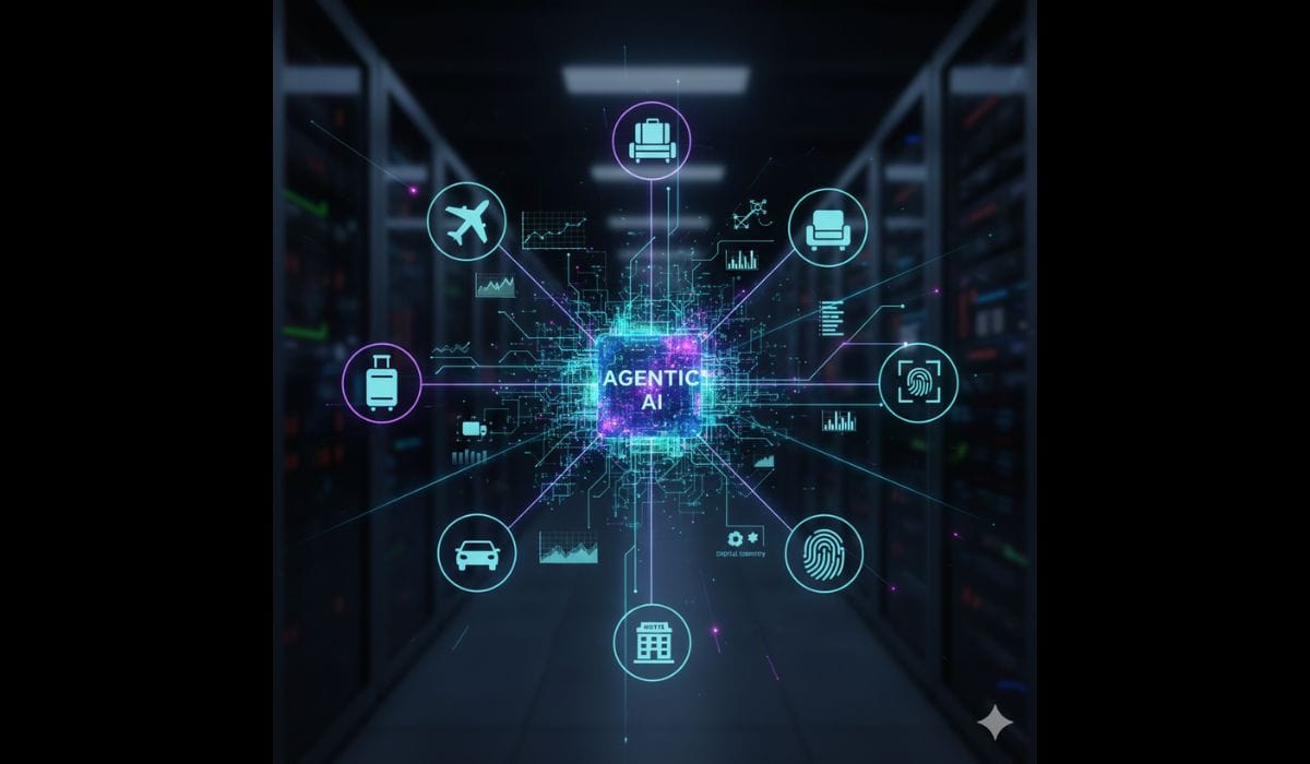 Conceptual diagram of Agentic AI autonomously constructing personalized airline offers by connecting flight, lounge, and ancillary data in real-time.