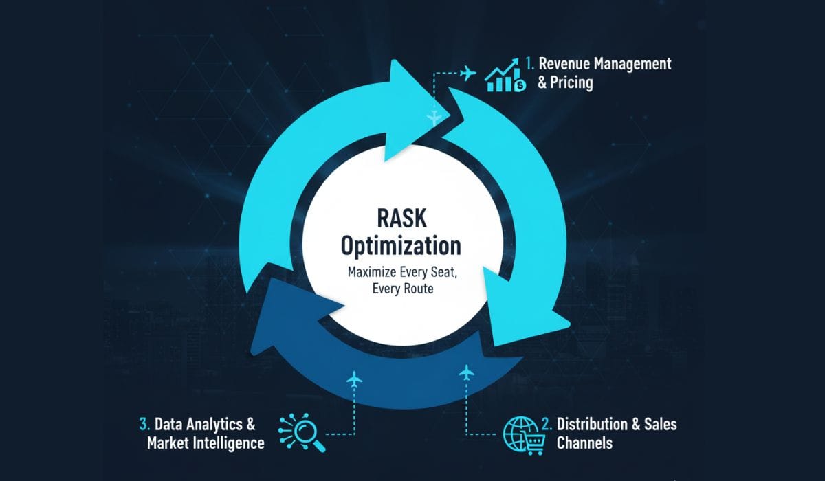 A circular diagram titled The Boutique Airline Commercial Engine illustrating the link between revenue management, distribution channels, and market intelligence for airline profit.