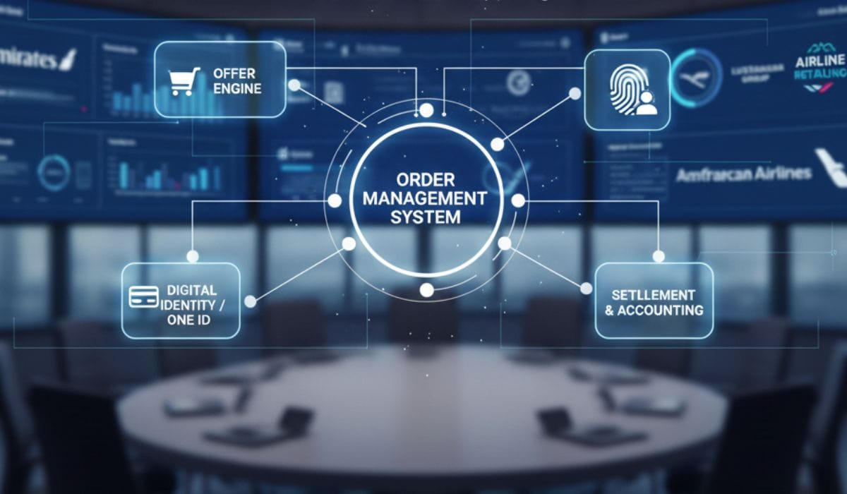 A futuristic boardroom featuring a digital glowing globe and data screens displaying the IATA Airline Retailing Consortium 2026 outlook.